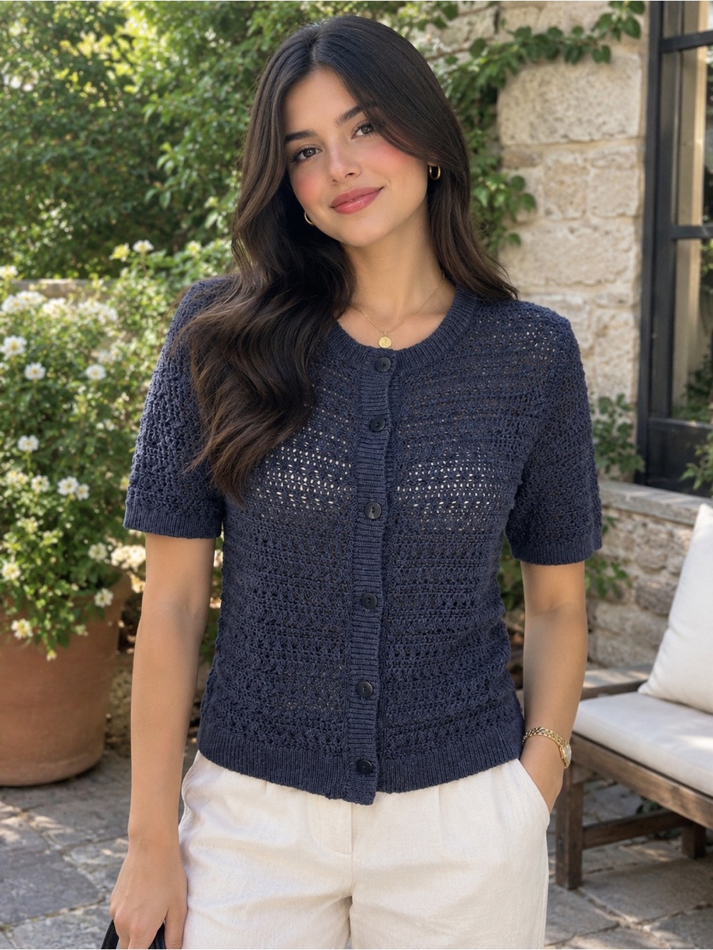 Abercrombie & Fitch Navy Short-Sleeve Crochet Button Cardigan